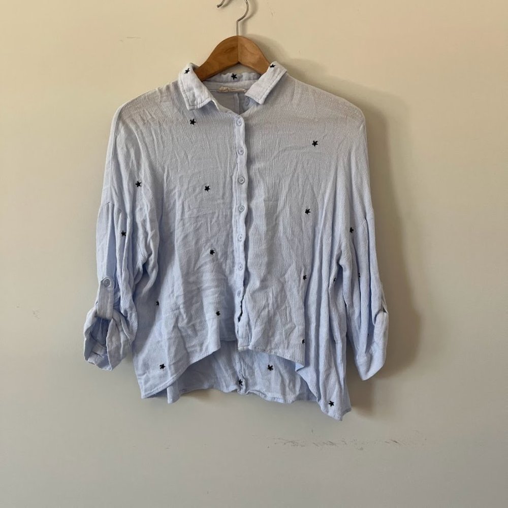 Elodie Powder Blue Embroidered Detail Button-Up Crepe Blouse